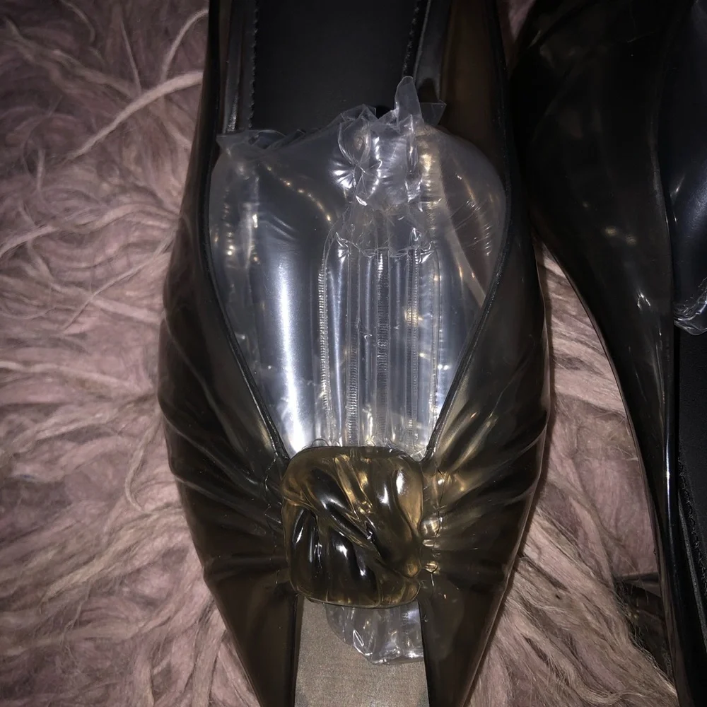 Jelly Black Puff Knot Pointed Toe Kitten Heels  (Transparent Black)